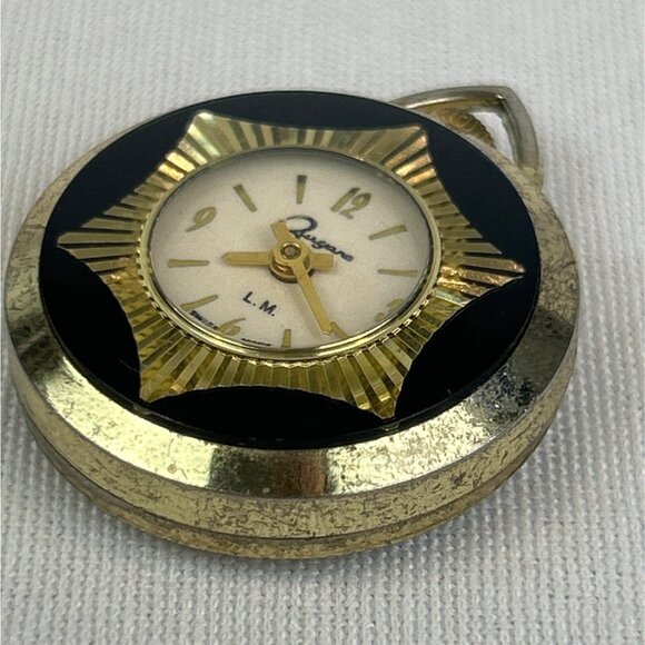 Vintage Burgana Swiss Made Gold Black Pocket Watch With Starburst Mechanical Orn - Picture 3 of 8